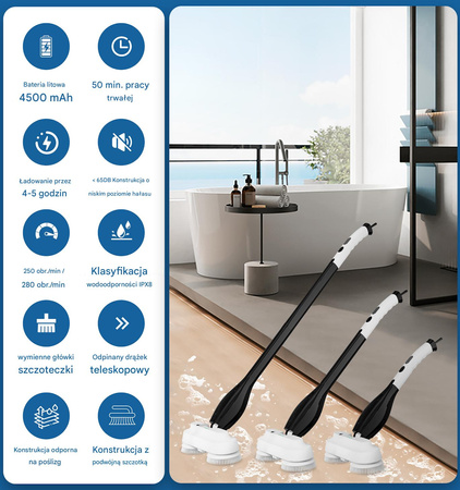 Elektryczna szczotka SHINE MATE – spray, wyświetlacz, IP68, 5w1 do czyszczenia fug łazienki kuchni mop